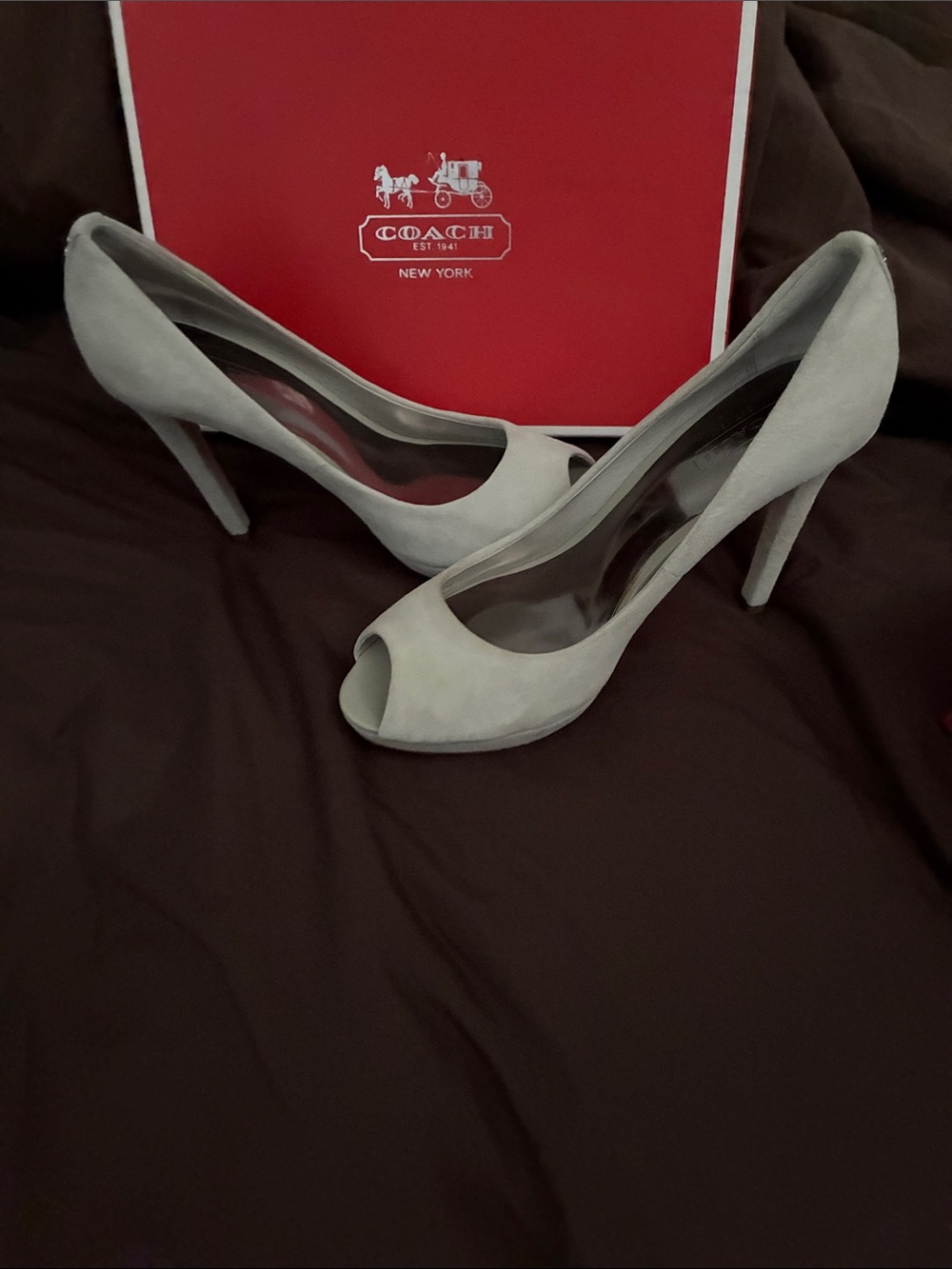 Coach Light Gray Suede Peep-Toe Heels